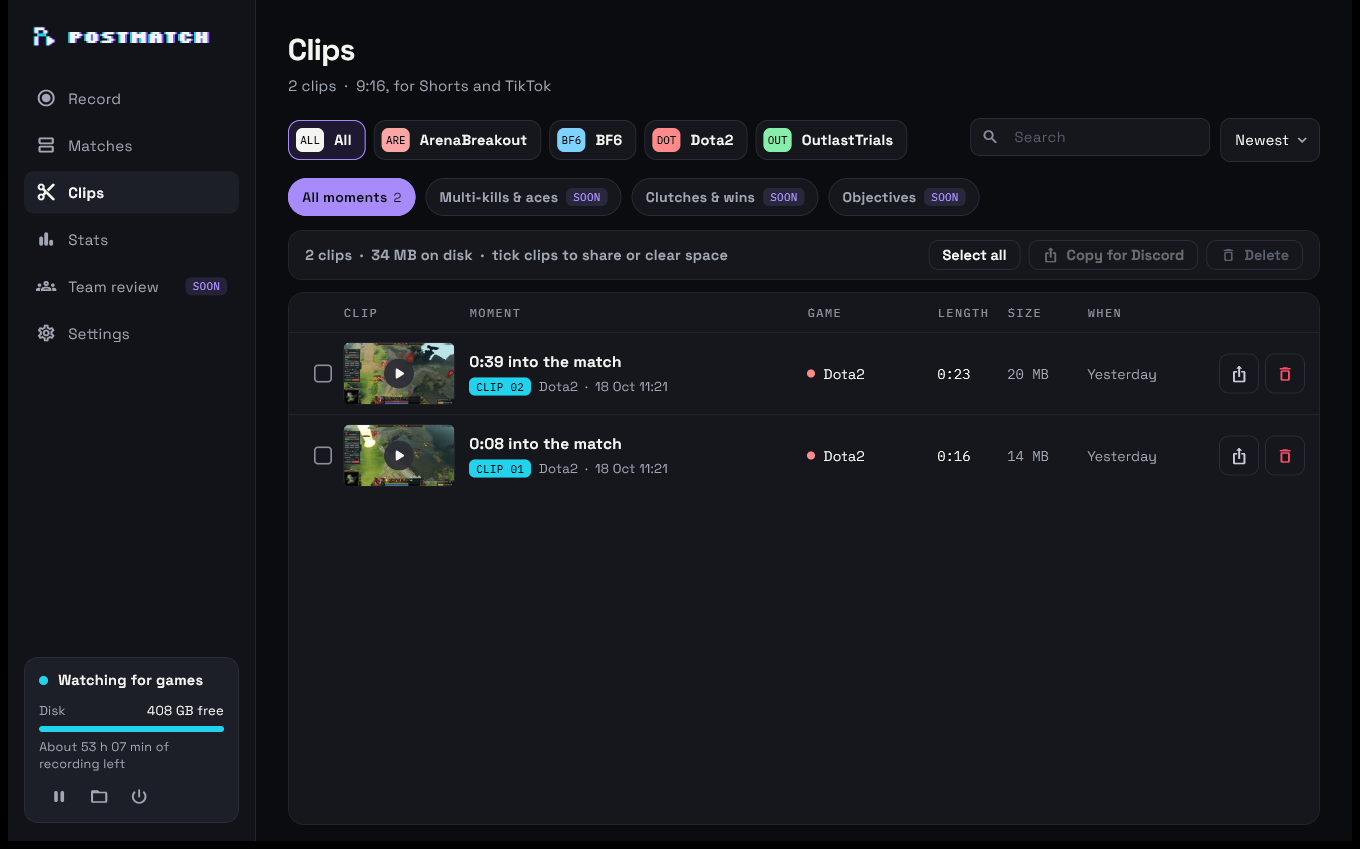 Clips: a list of 9:16 clips with tick boxes, game, length and size