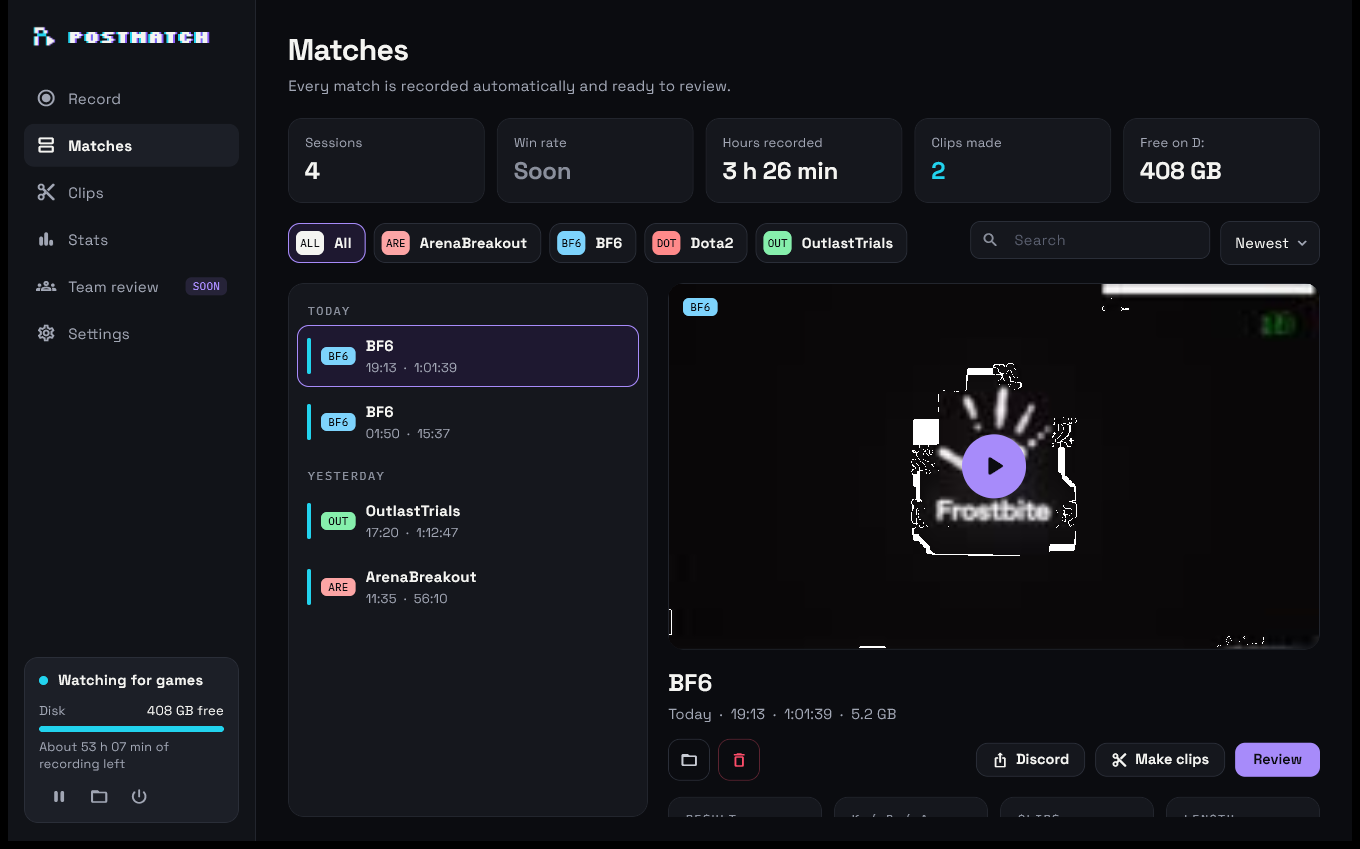 Matches: a list of matches and the picked match's details